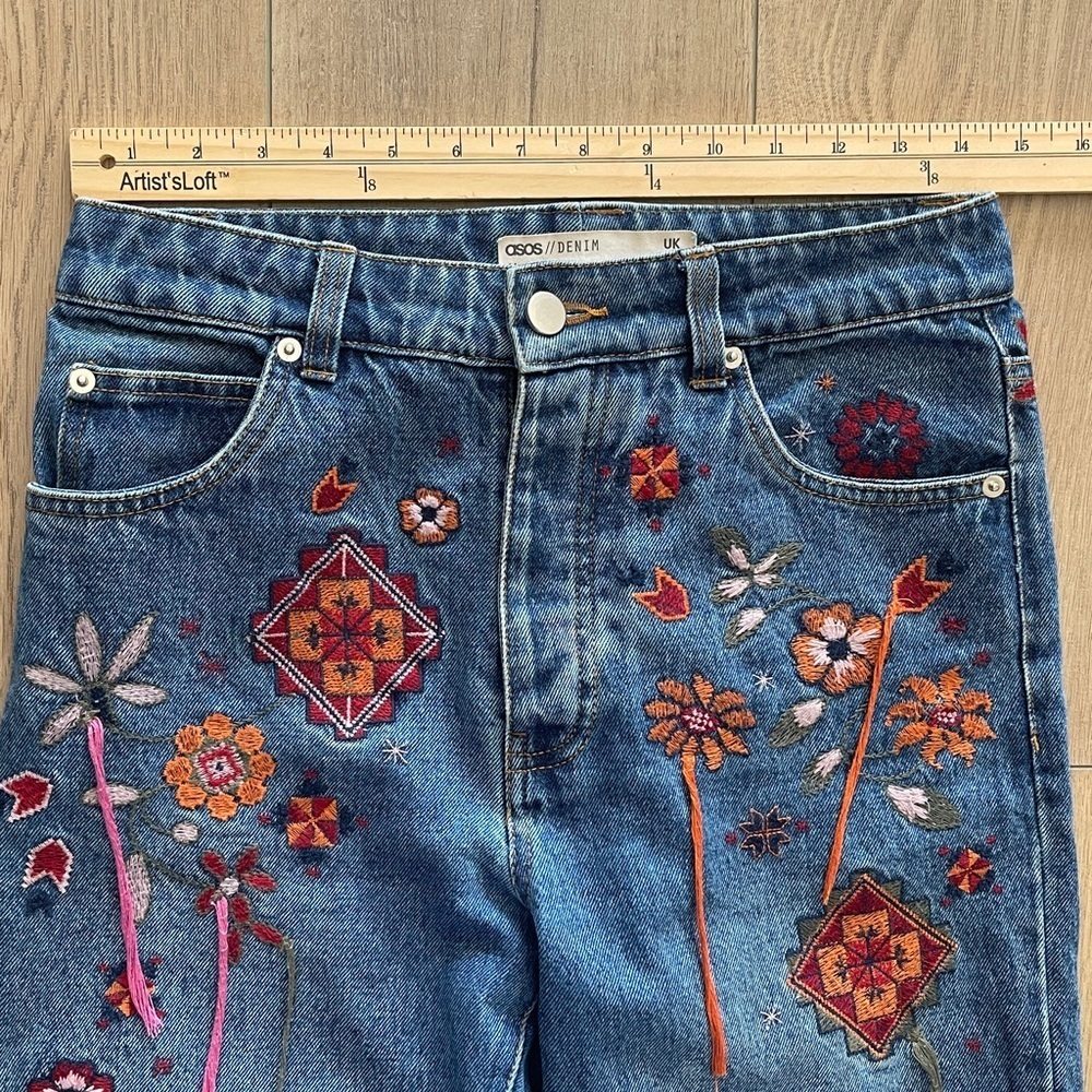 ASOS Floral Embroidered Straight Leg Blue Jeans Sz 26 Ankle High Rise Tassel EUC - Picture 9 of 13